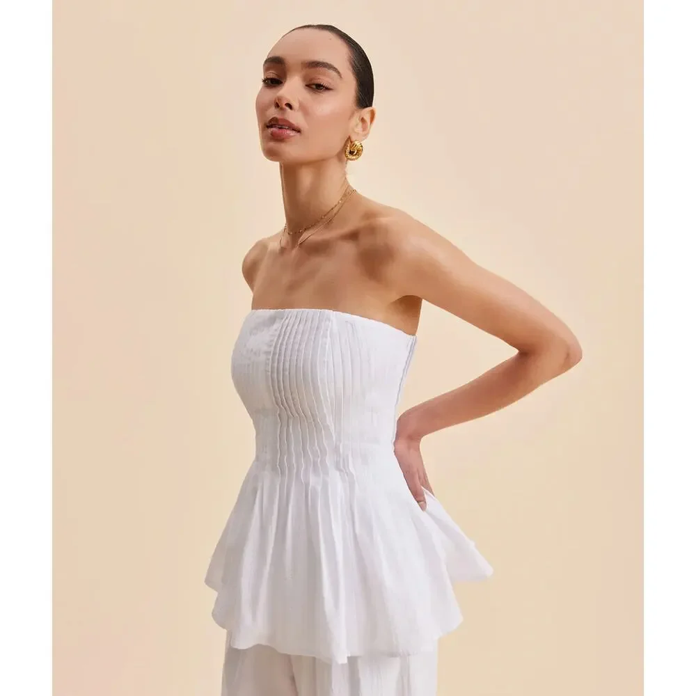 NWT Commense Cotton Pleated Strapless Peplum Top Sz L - Picture 5 of 6
